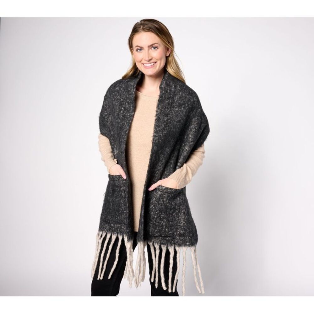 Sprigs Women's Top Sweater Sz One Size Overd Solid Fringe Scarf Black A615724